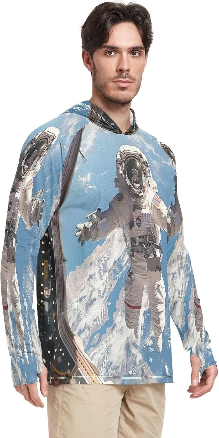 Astronaut Colorful Planets Mens Shirts UPF 50 , Cooling Shirt, Hooded Fishing Shirts for Men Long Sleeve