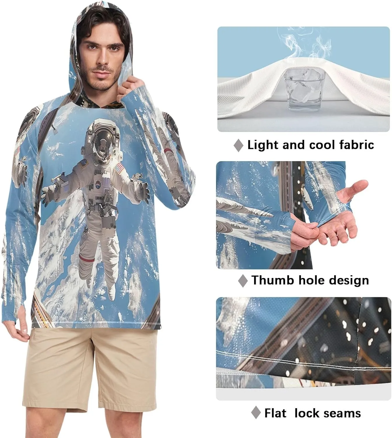 Astronaut Colorful Planets Mens Shirts UPF 50 , Cooling Shirt, Hooded Fishing Shirts for Men Long Sleeve