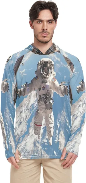 Astronaut Colorful Planets Mens Shirts UPF 50 , Cooling Shirt, Hooded Fishing Shirts for Men Long Sleeve