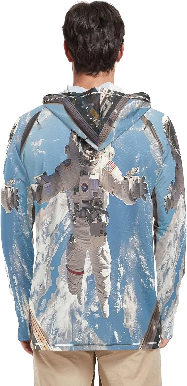 Astronaut Colorful Planets Mens Shirts UPF 50 , Cooling Shirt, Hooded Fishing Shirts for Men Long Sleeve