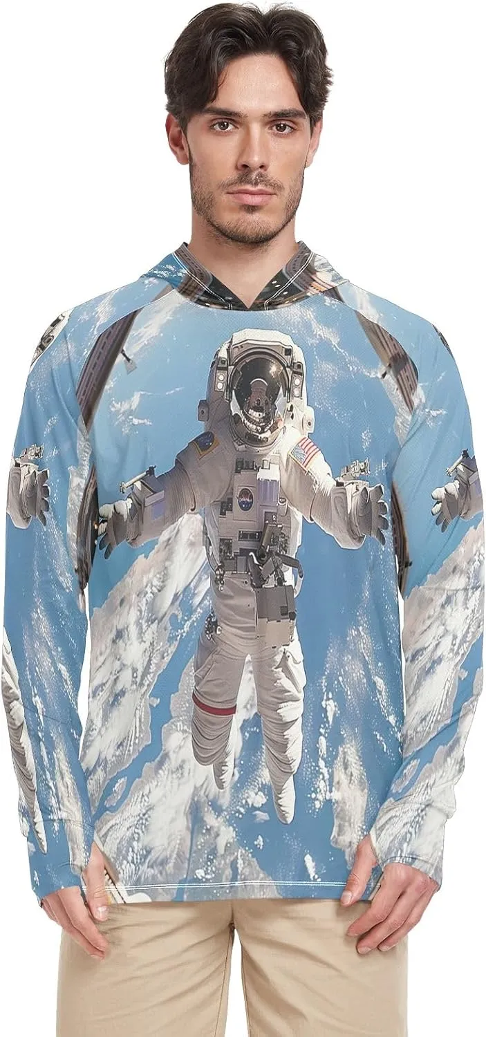 Astronaut Colorful Planets Mens Shirts UPF 50 , Cooling Shirt, Hooded Fishing Shirts for Men Long Sleeve
