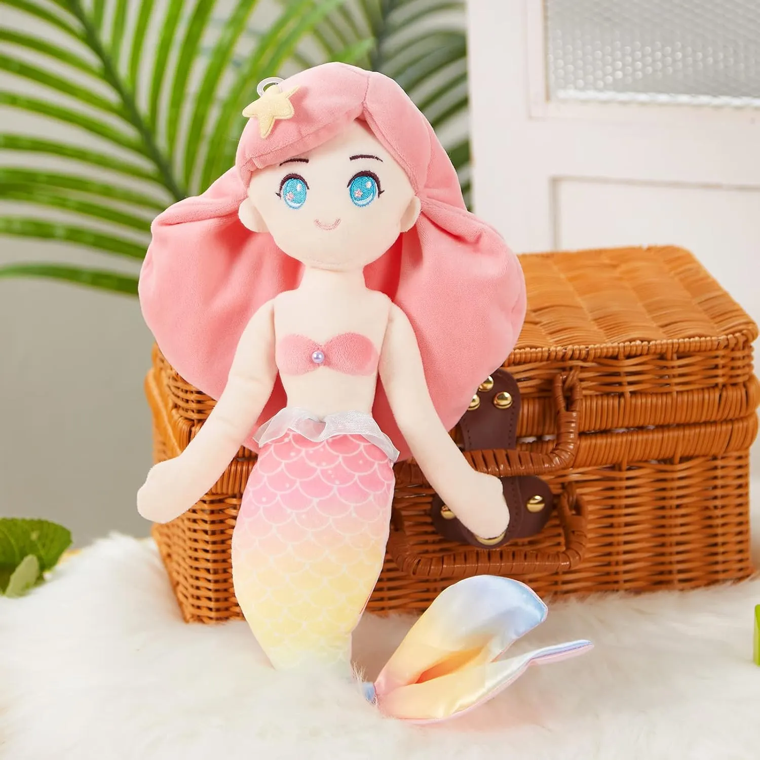 Athoinsu Mermaid Princess Stuffed Animal Cuddly Soft Hugging Plush Toy Doll Birthday Children's Day Christmas for Toddlers Girls, Pink, 15.5''