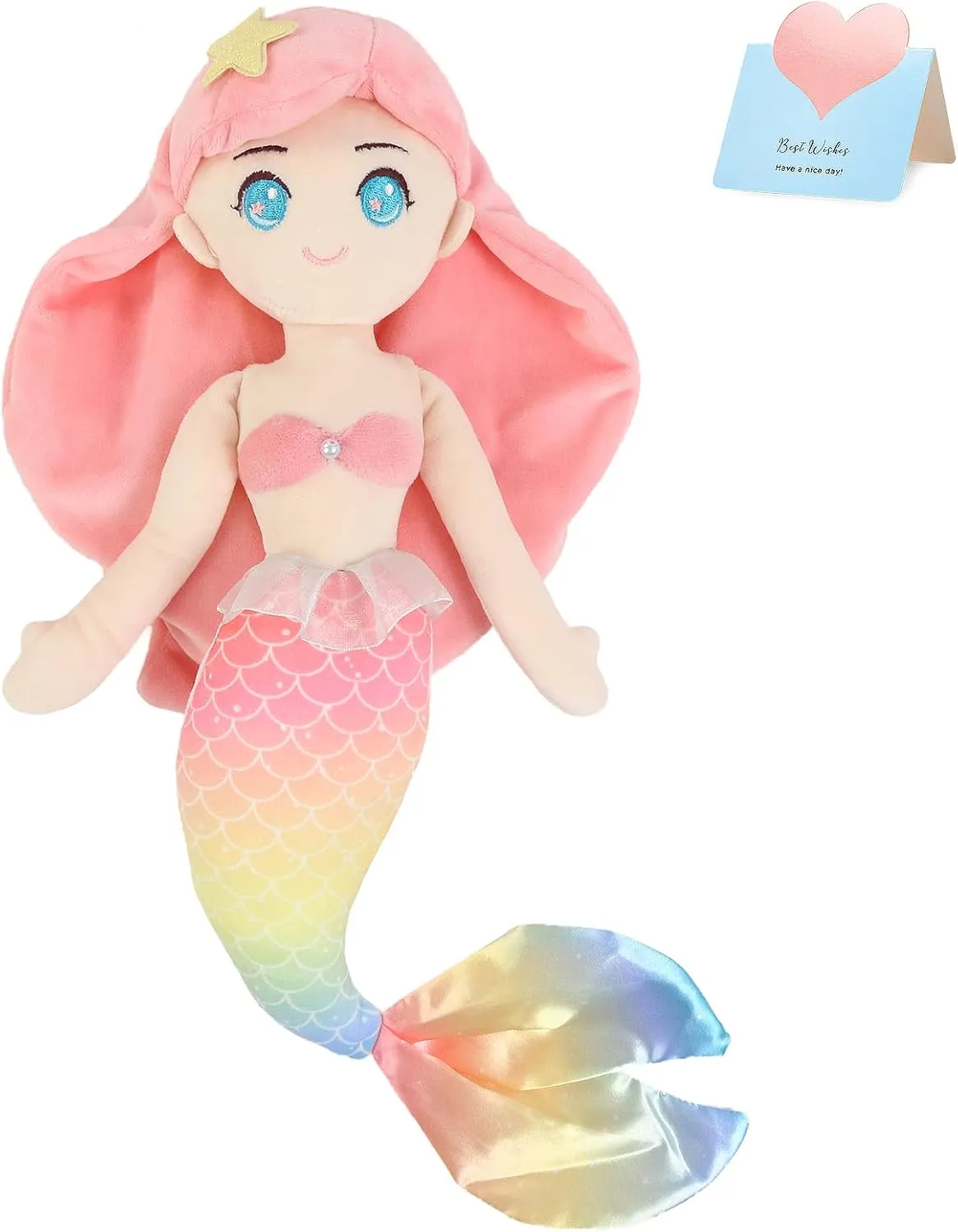 Athoinsu Mermaid Princess Stuffed Animal Cuddly Soft Hugging Plush Toy Doll Birthday Children's Day Christmas for Toddlers Girls, Pink, 15.5''