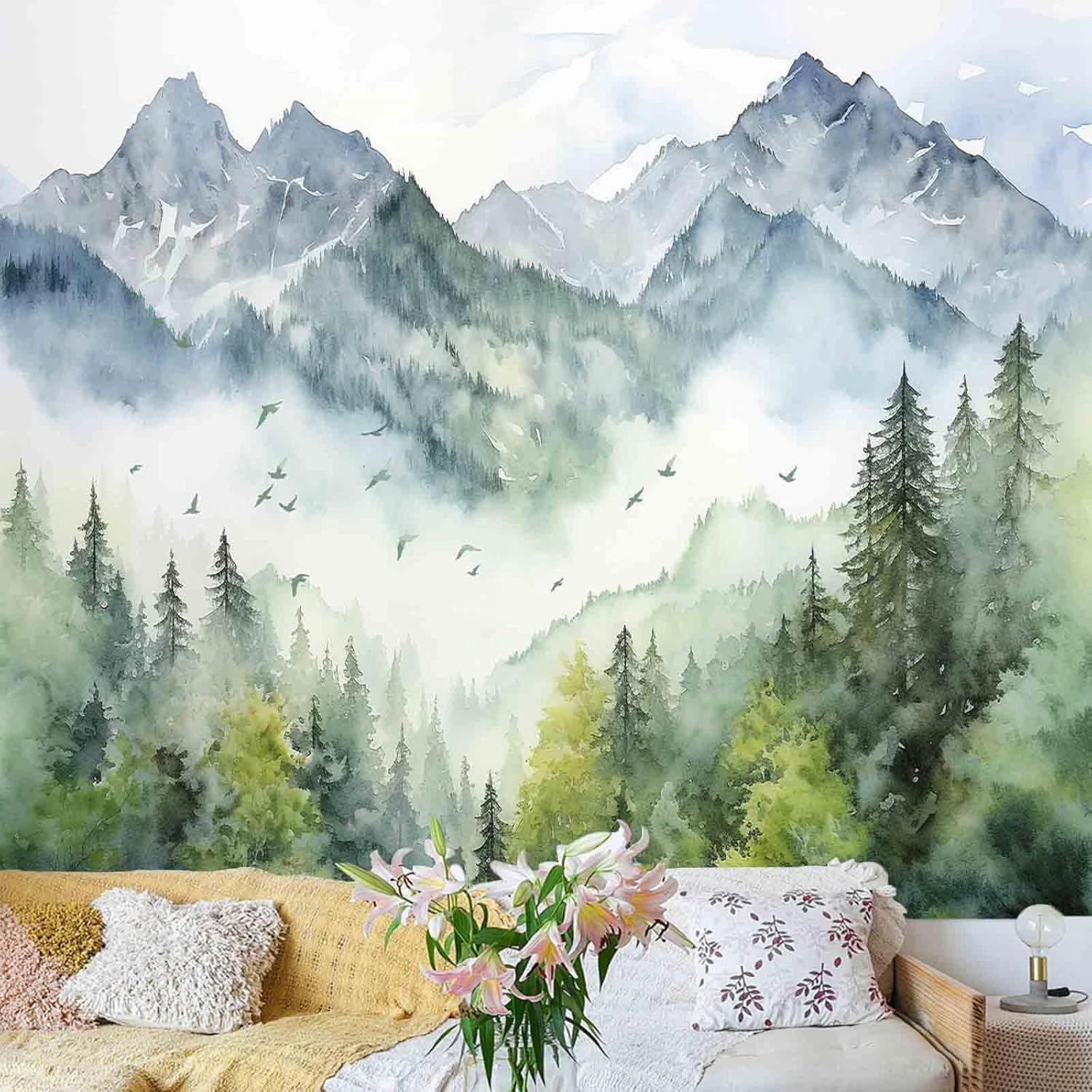 Atrippy Nature Forest Mountain Wall Tapestry for Bedroom, Large Green Misty Foggy Sage Trees Room Decor Tapestries Aesthetic, Landscape Backdrop for Living Room Dorm Office 60x79 Inches