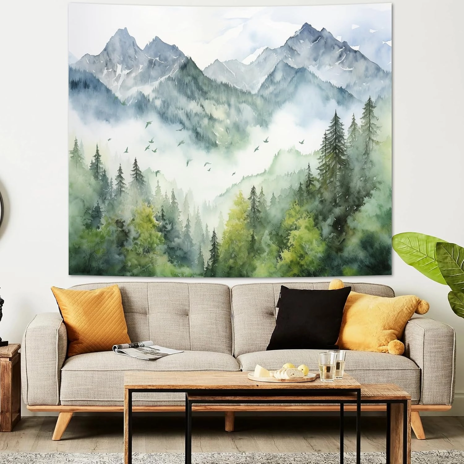 Atrippy Nature Forest Mountain Wall Tapestry for Bedroom, Large Green Misty Foggy Sage Trees Room Decor Tapestries Aesthetic, Landscape Backdrop for Living Room Dorm Office 60x79 Inches