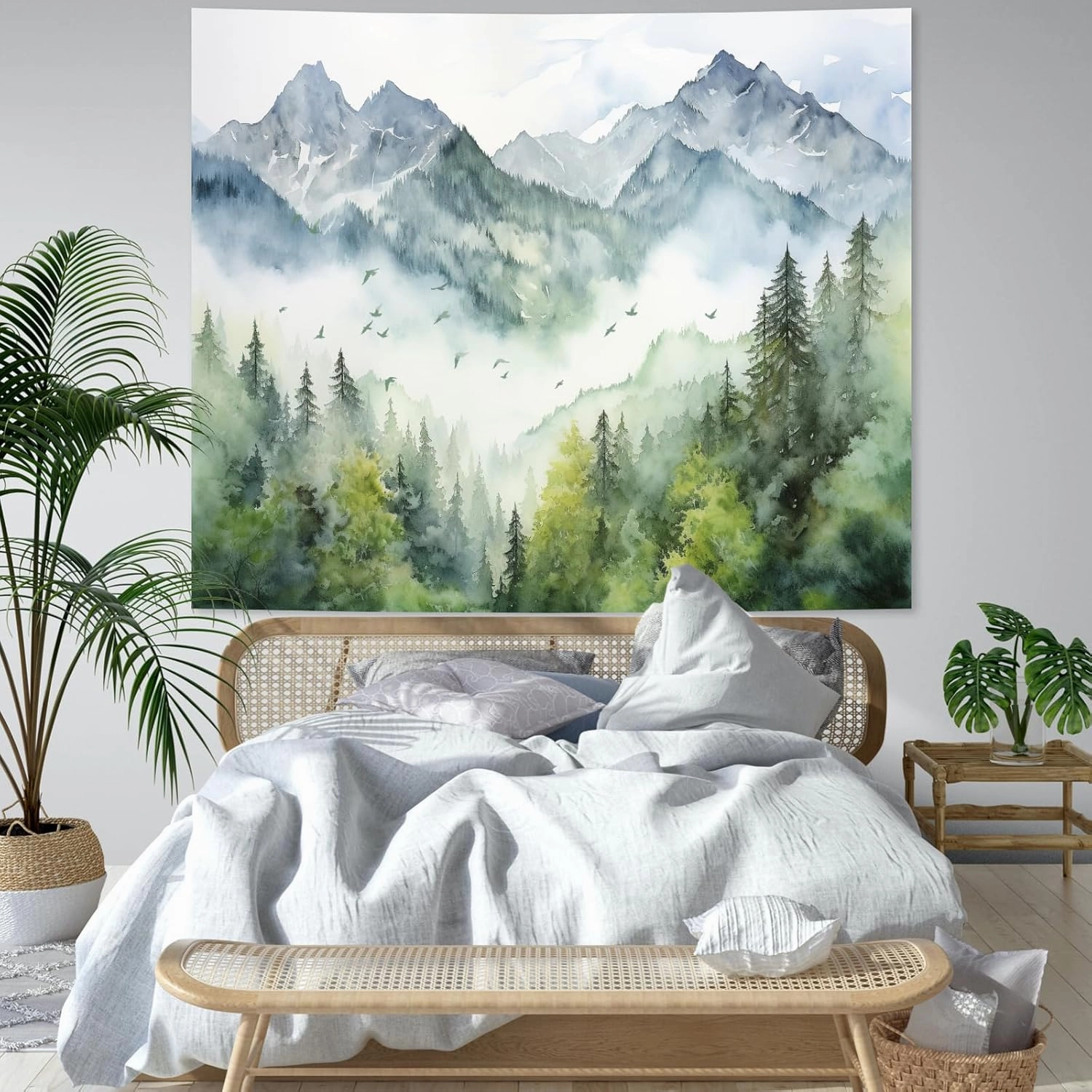 Atrippy Nature Forest Mountain Wall Tapestry for Bedroom, Large Green Misty Foggy Sage Trees Room Decor Tapestries Aesthetic, Landscape Backdrop for Living Room Dorm Office 60x79 Inches