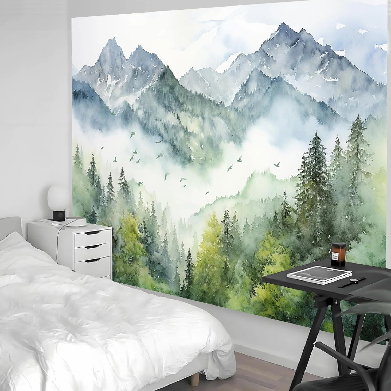 Atrippy Nature Forest Mountain Wall Tapestry for Bedroom, Large Green Misty Foggy Sage Trees Room Decor Tapestries Aesthetic, Landscape Backdrop for Living Room Dorm Office 60x79 Inches