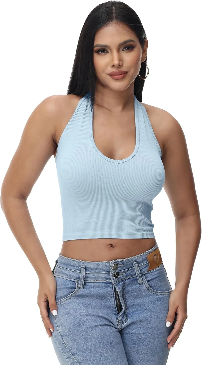 Attifall Ribbed Halter Crop Top for Woman Backless Sleeveless Seamless Sexy Tank Tops Pack