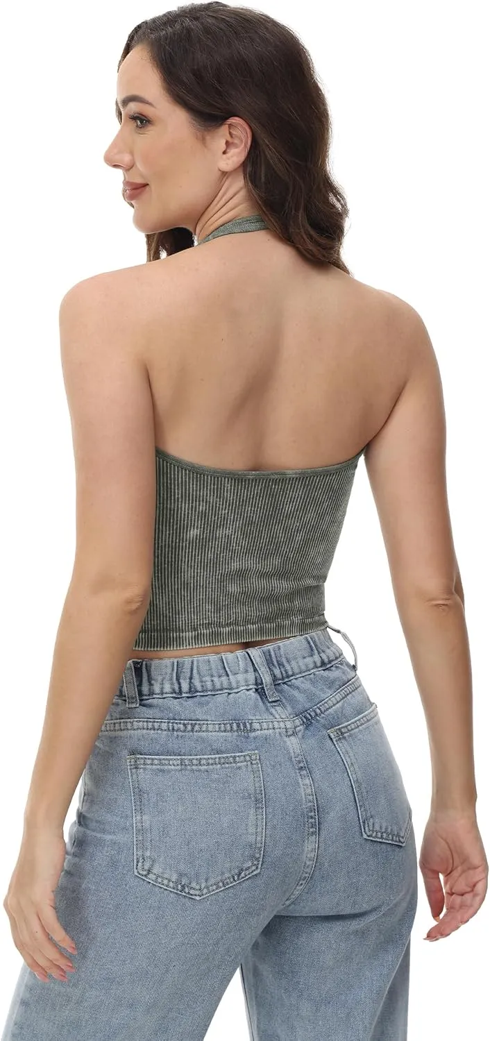 Attifall Ribbed Halter Crop Top for Woman Backless Sleeveless Seamless Sexy Tank Tops Pack