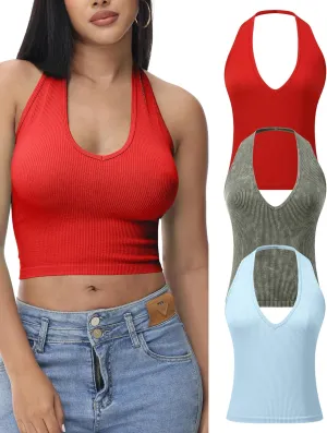 Attifall Ribbed Halter Crop Top for Woman Backless Sleeveless Seamless Sexy Tank Tops Pack
