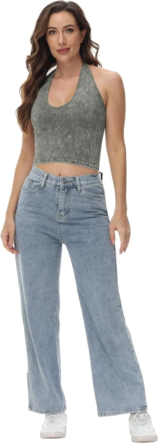 Attifall Ribbed Halter Crop Top for Woman Backless Sleeveless Seamless Sexy Tank Tops Pack
