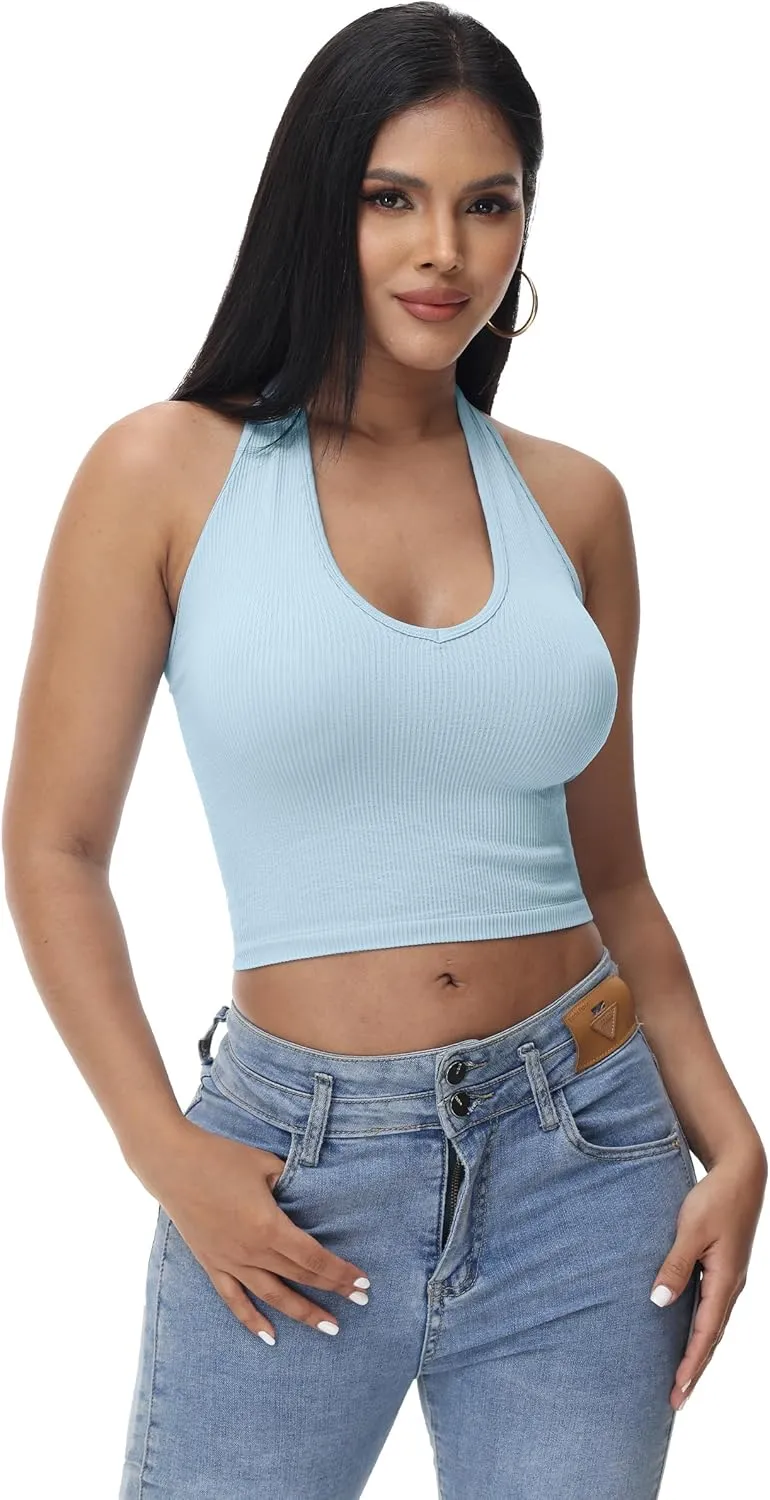 Attifall Ribbed Halter Crop Top for Woman Backless Sleeveless Seamless Sexy Tank Tops Pack
