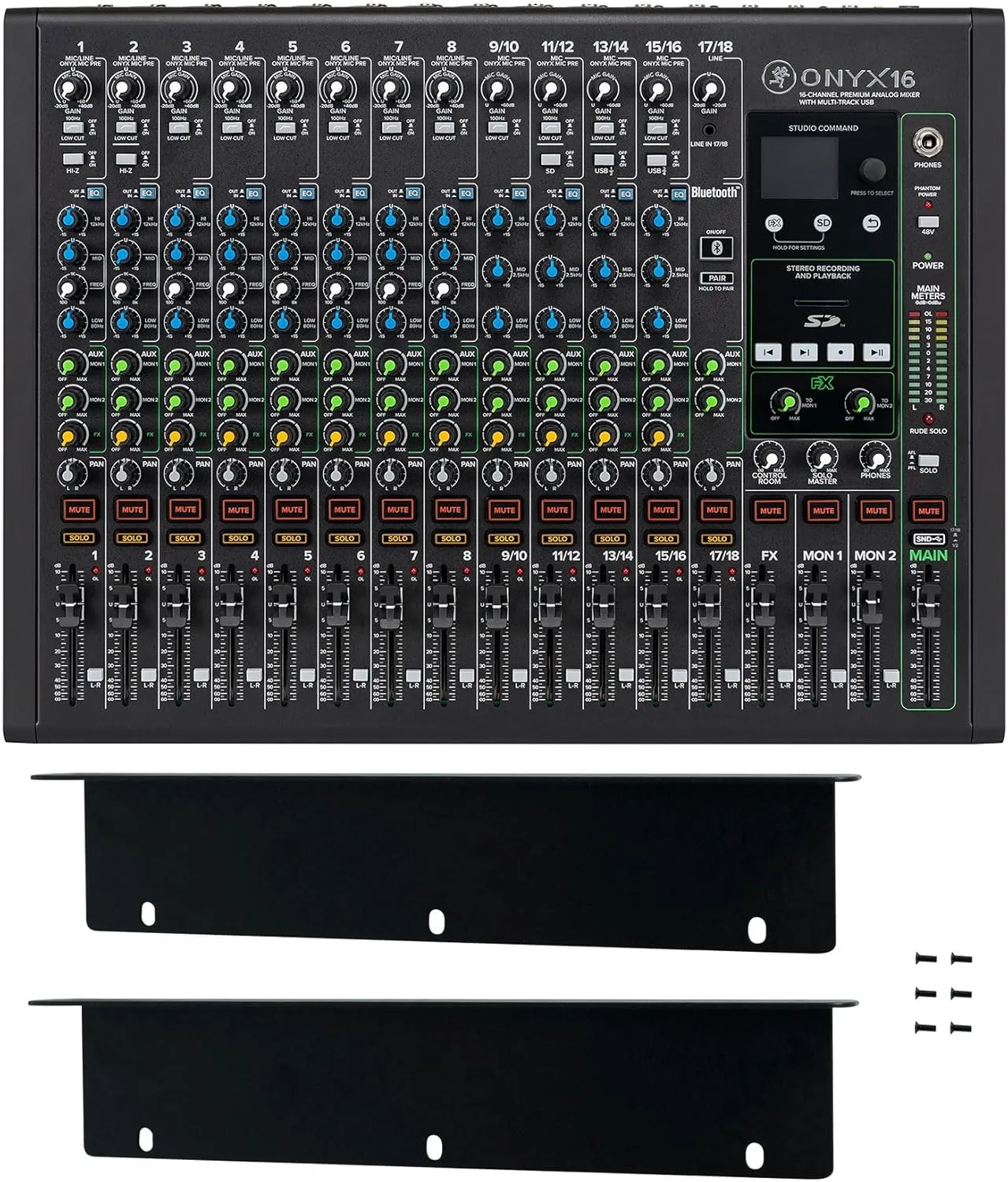 Audiosavings Bundle: (1) Mackie ONYX16 16-Channel Analog Mixer w/Multi-Track USB/3-Band EQ Bluetooth Bundle with (1) Mackie Onyx16 Rack Ear Kit For Onyx 16 Mixer (2 Items)