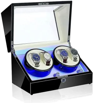 Automatic Watch Winder LED 4 Watches Storage Display Case 5 Rotation Modes 100% Handmade Watch Display Box