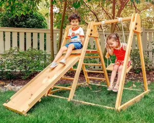 Avenlur 4-in-1 Juniper Outdoor Play Gym - Jungle Gym Playset with Baby Swing, Slide, Ladder, and Climbing Wall - Foldable Wooden Playset - Outdoor Jungle Gym for Kids Ages 18mo to 6yrs