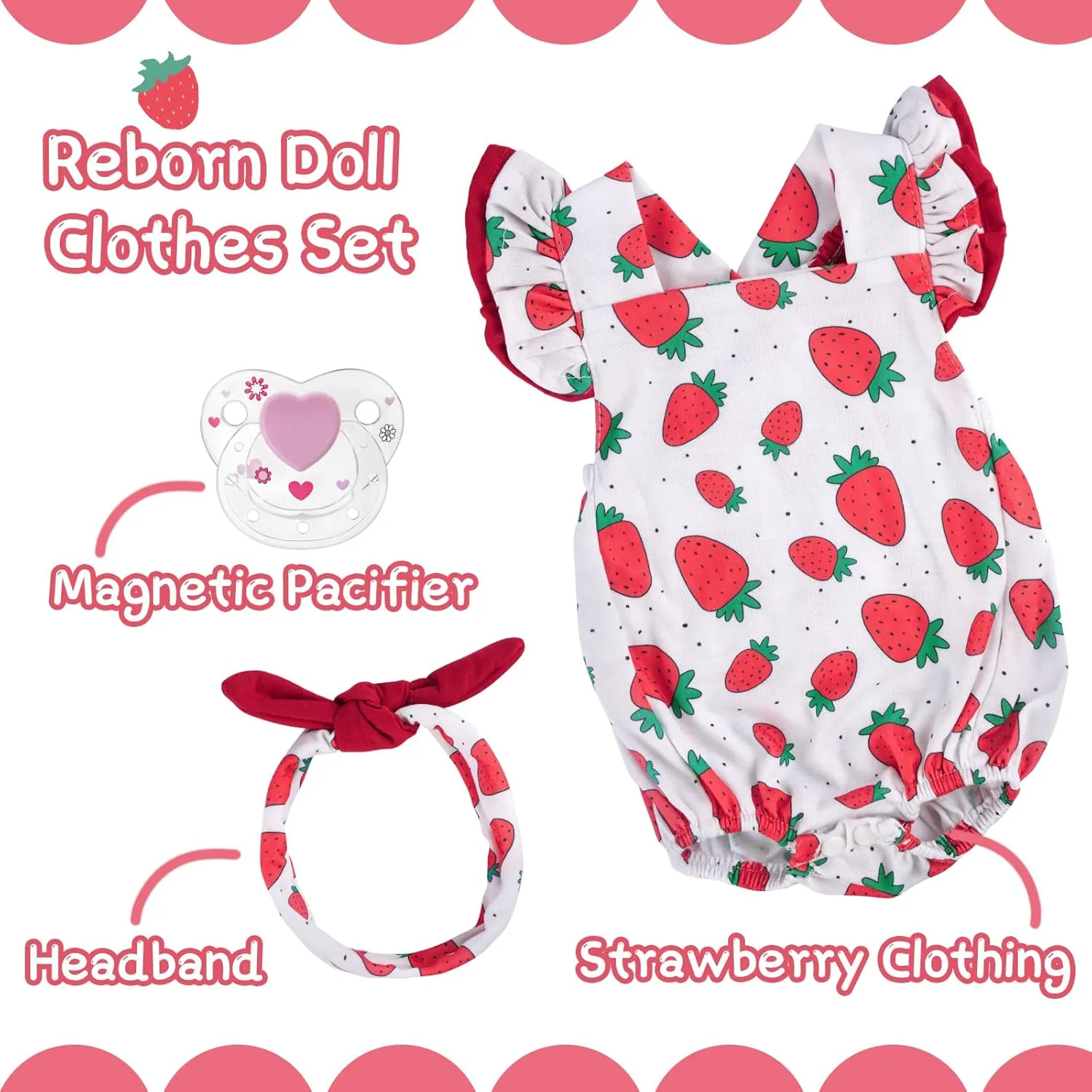 BABESIDE 3Pcs Reborn Baby Doll Clothes for 17-22 Inch Dolls,Strawberry Outfit Set with Magnetic Pacifier, Cute Baby Doll Accessories for Newborn Reborn Girl Dolls