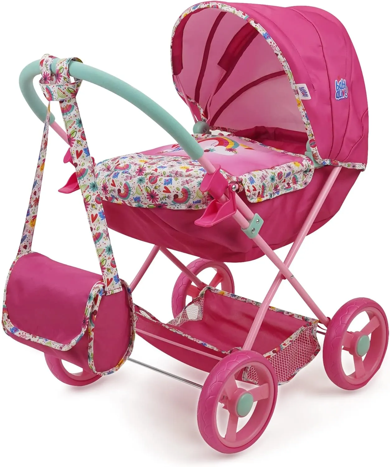 Baby Alive: Deluxe Classic Doll Pram - Pink & Rainbow - Includes Matching Handbag/Diaper Bag, Fits Dolls up to 18", Large Canopy, Storage Basket & Bassinet, Pretend Play for Kids Ages 3 