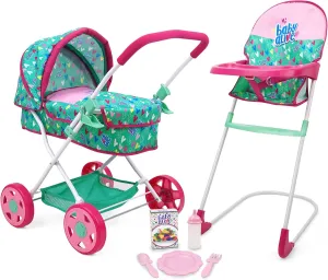 Baby Alive: Travel N' Feed Set - 7pcs - Green, Pink, Hearts - Stroller, Highchair, Bag, Feeding Accessories, Set for Dolls Up to 18", Kids Toy, Ages 3 