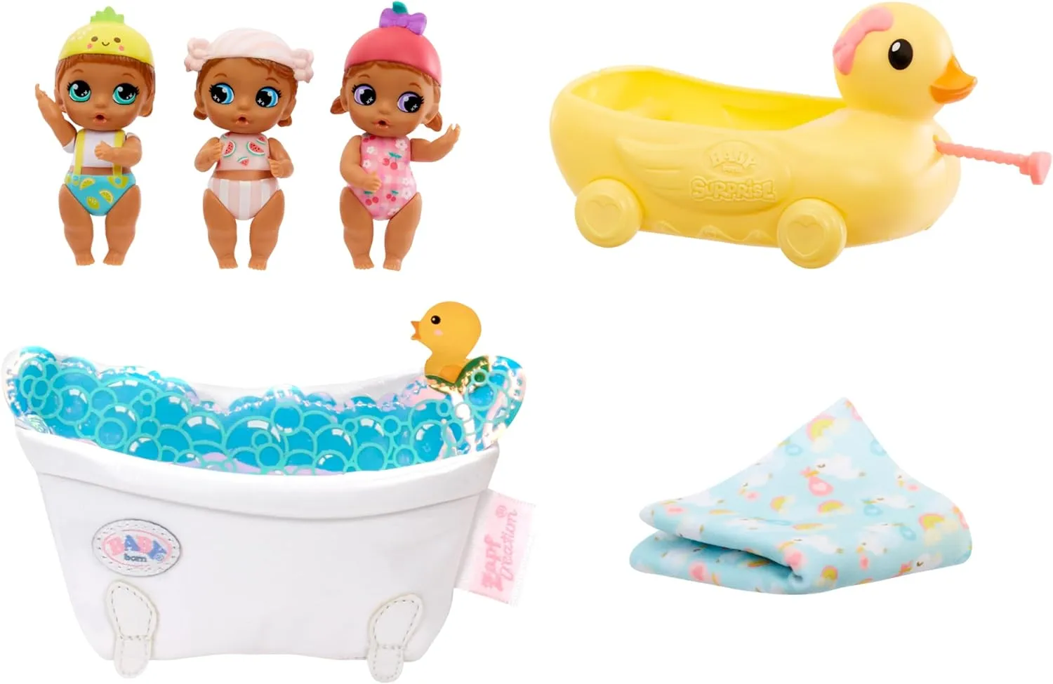 Baby Born Surprise Mini Babies Series 9 - Unwrap Surprise Twins or Triplets, Food & Activity-Themed Collectible Baby Dolls, Includes Soft Swaddle, Ducky Pull Toy, for Kids Ages 4 & Up