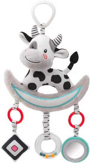 Baby Crib & Stroller Hanging Toy - Black & White Car Seat Toy Sensory Mobile with Teether, Music Box, Crinkle Paper, Safety Mirror & Rings, Plush & Embroidered