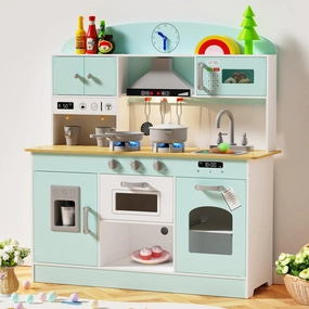 Babytronic Wooden Play Kitchen Set, Pretend Play Kitchen with Lights and Sounds for Kids Ages 3 , Includes Stove, Oven, Microwave, Coffee Maker, and Accessories, Toy Kitchen Set for Toddlers (Blue)