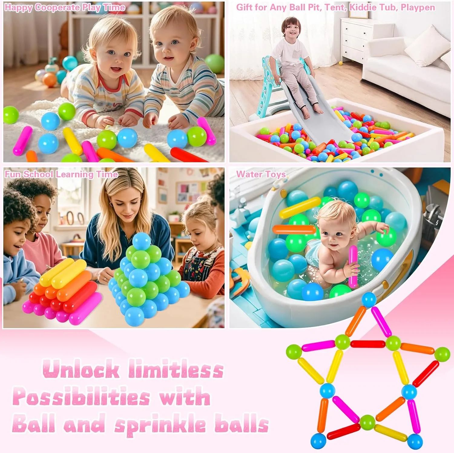 Ball Pit Balls and Strips for Ball Pits, 50 200 500pcs Cute Plastic Star Toy Balls for Kids, Baby Toddler 1-3 Birthday, Bounce House, Play Tent, Baby Pool Water Toys, Party