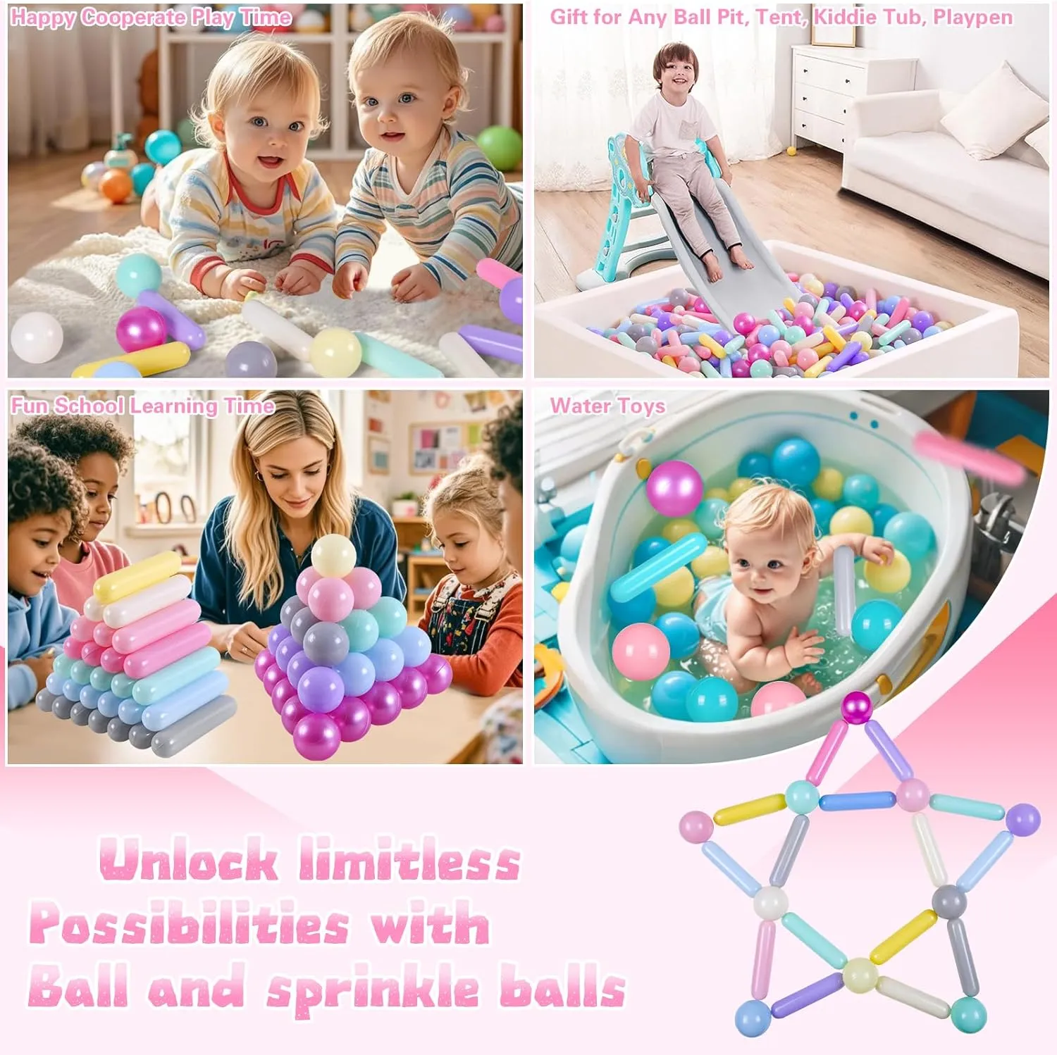 Ball Pit Balls and Strips for Ball Pits, 50 200 500pcs Cute Plastic Star Toy Balls for Kids, Baby Toddler 1-3 Birthday, Bounce House, Play Tent, Baby Pool Water Toys, Party