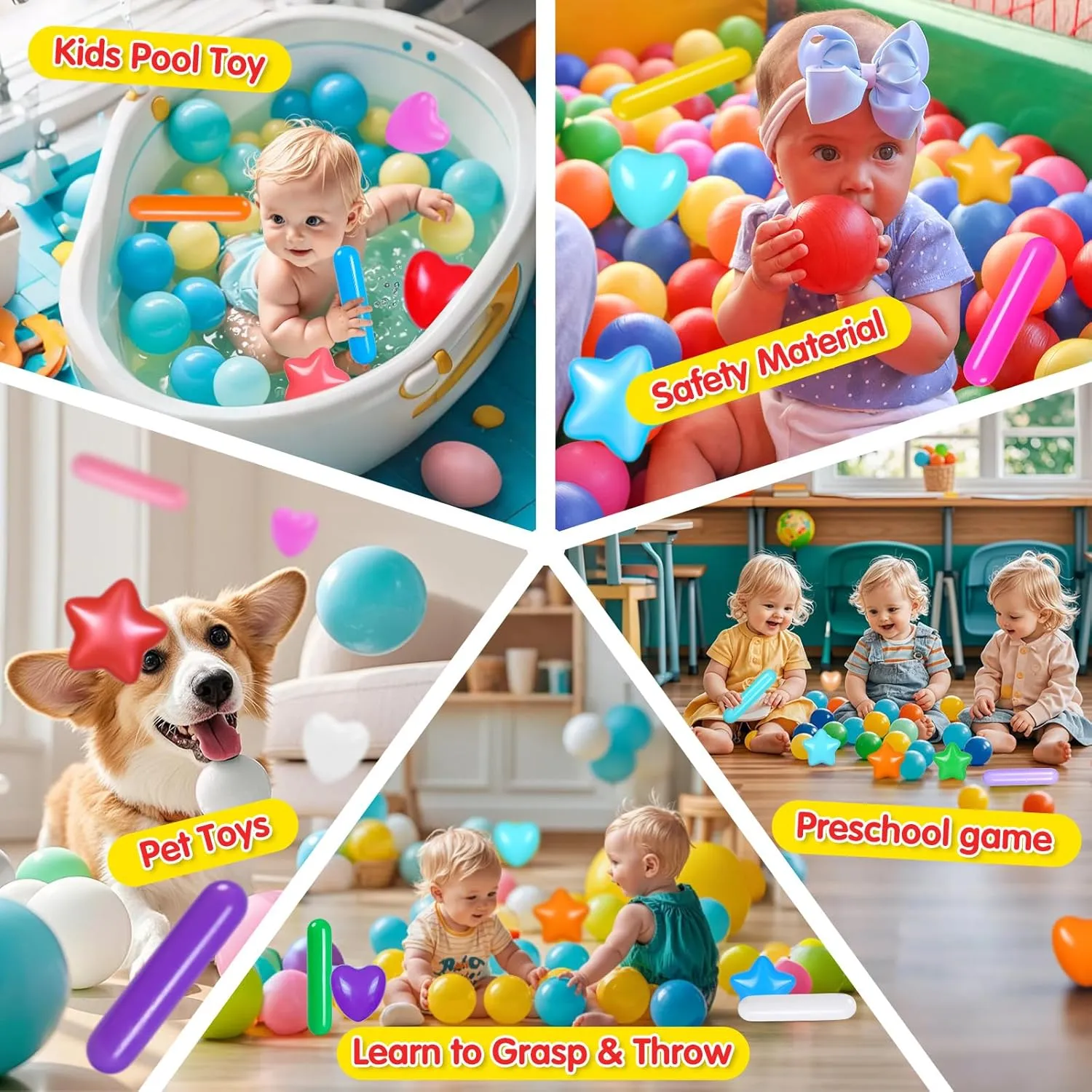 Ball Pit Balls for Toddler, 150 200 500 1000 Baby Plastic Balls with Different Shapes Non-BPA Non-Phthalate Non-Toxic for Playhouse, Baby Pool, Playball Fun Centers, for Babies, Kids, Toddlers