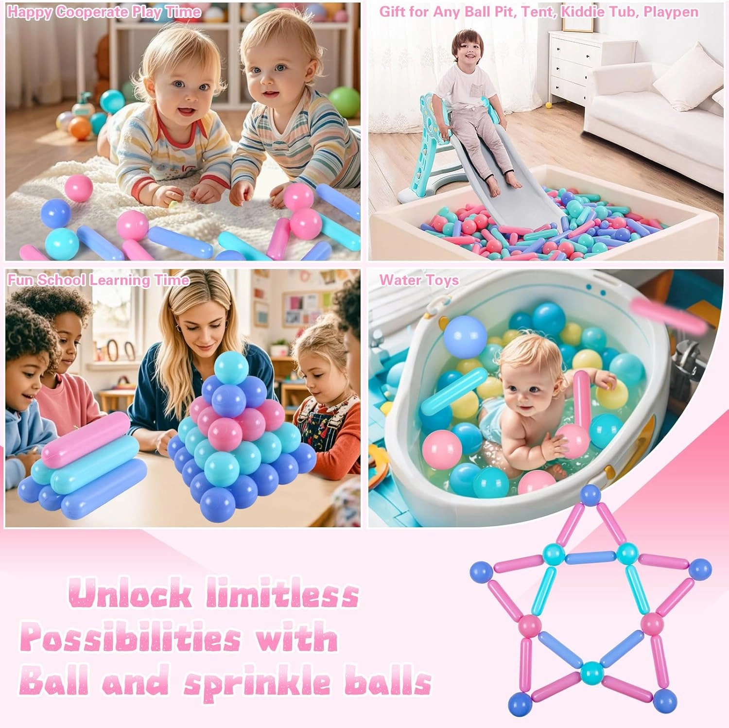 Ball Pit Balls and Strips for Ball Pits, 50 200 500pcs Cute Plastic Star Toy Balls for Kids, Baby Toddler 1-3 Birthday, Bounce House, Play Tent, Baby Pool Water Toys, Party