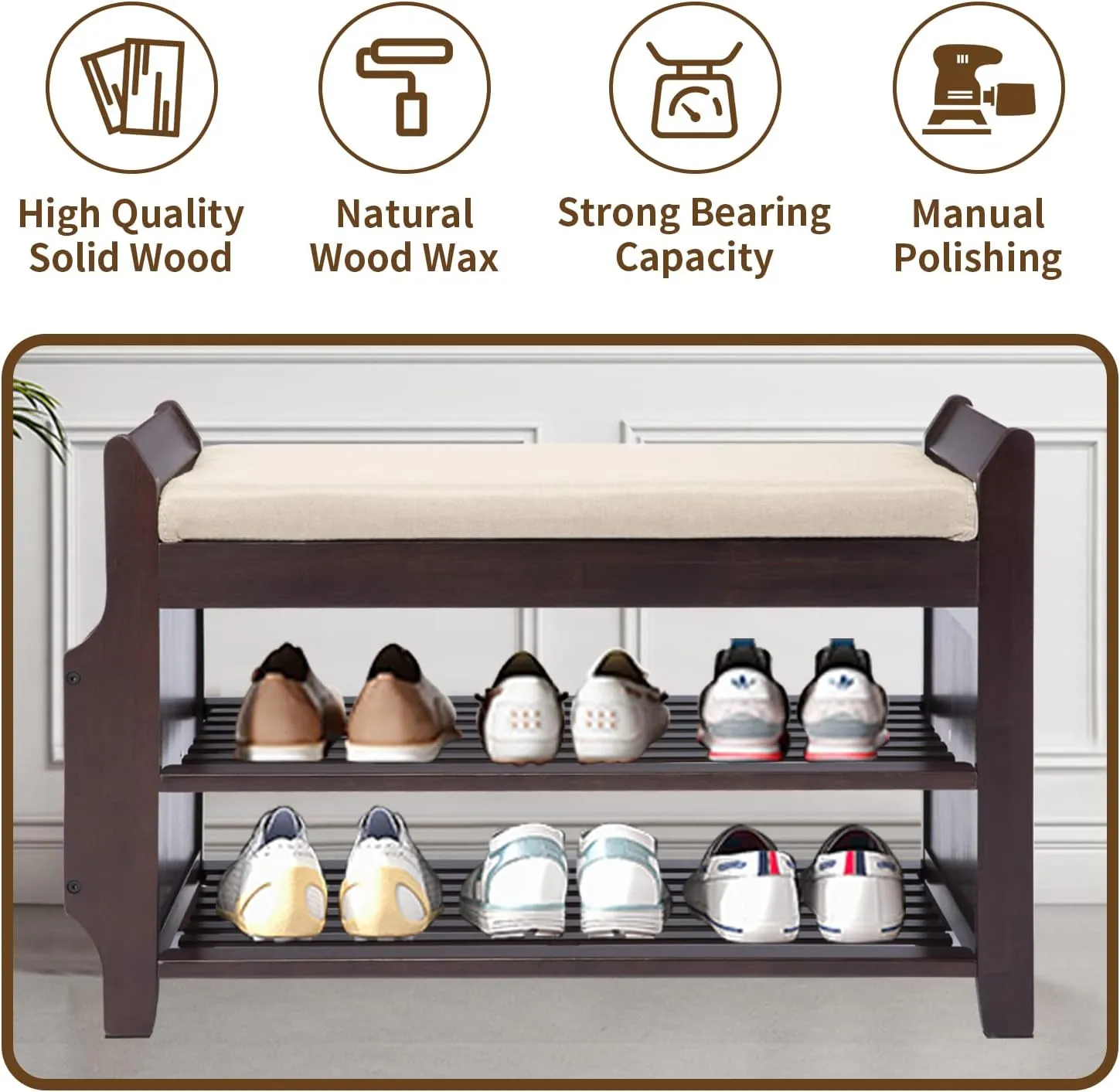 Bamboo Entryway Bench with Storage Basket, Removable White Cushion, 2-Tier Shoe Storage, Umbrella Stand