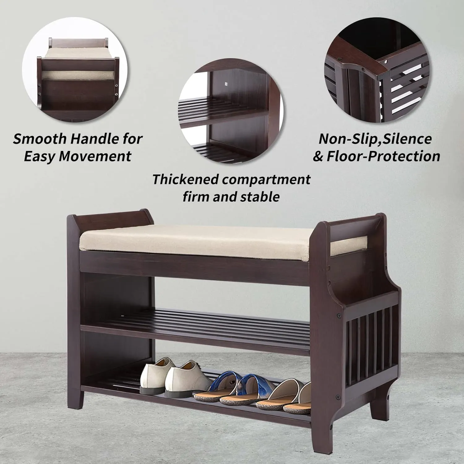 Bamboo Entryway Bench with Storage Basket, Removable White Cushion, 2-Tier Shoe Storage, Umbrella Stand