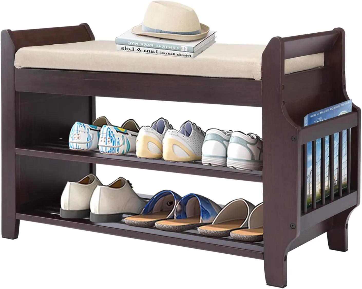 Bamboo Entryway Bench with Storage Basket, Removable White Cushion, 2-Tier Shoe Storage, Umbrella Stand