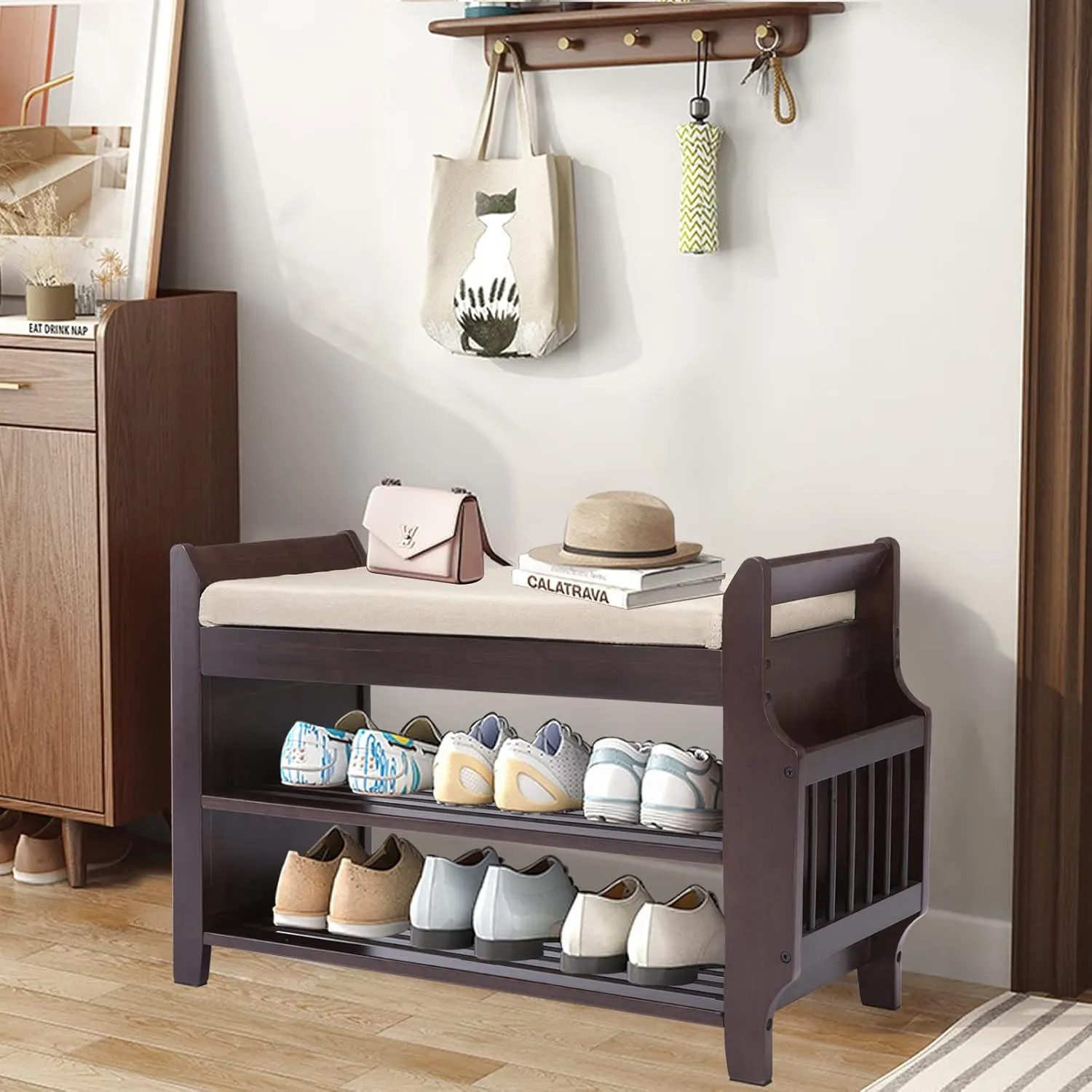 Bamboo Entryway Bench with Storage Basket, Removable White Cushion, 2-Tier Shoe Storage, Umbrella Stand