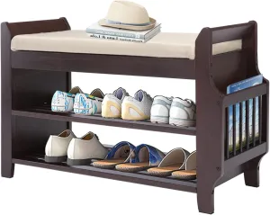 Bamboo Entryway Bench with Storage Basket, Removable White Cushion, 2-Tier Shoe Storage, Umbrella Stand