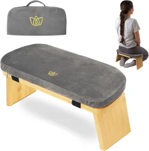 Bamboo Folding Meditation Bench with Velvet Cushion & Carry Bag Portable Kneeling Stool Comfortable Prayer Bench for Mindfulness, Zen Practice