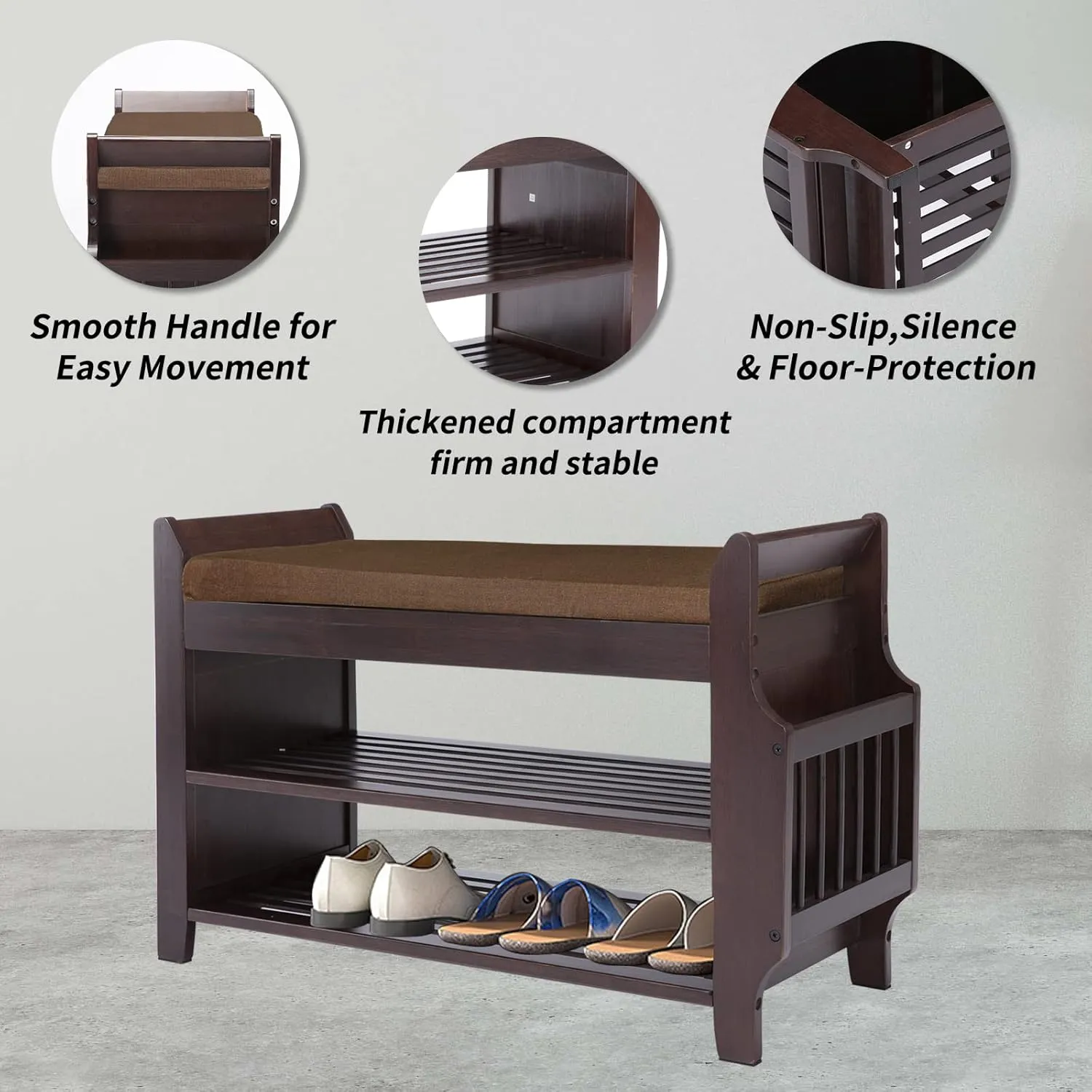 Bamboo Shoe Bench Entryway with Storage, Removable Cushion, 2-Tier Shoe Rack, 30.9" x 11.6" x 19.5"