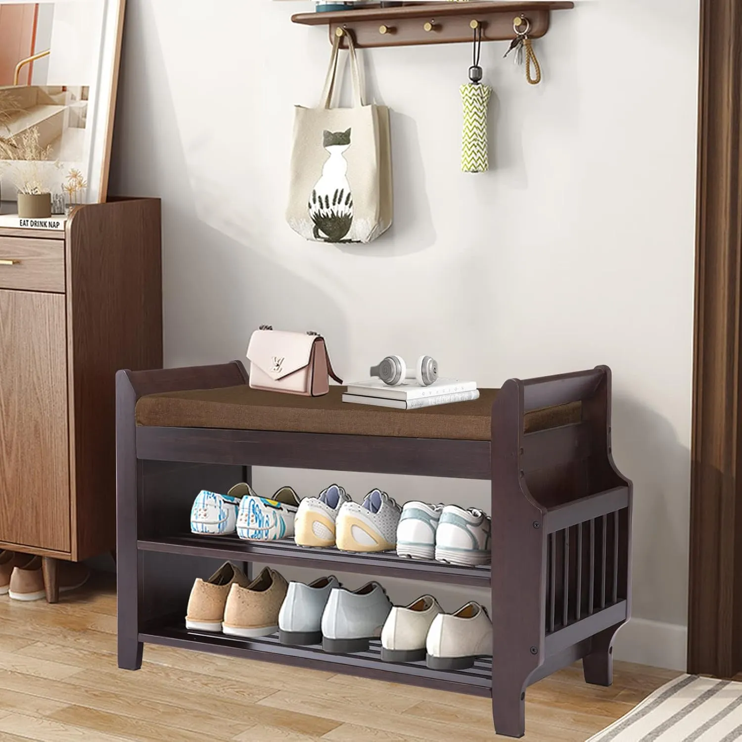 Bamboo Shoe Bench Entryway with Storage, Removable Cushion, 2-Tier Shoe Rack, 30.9" x 11.6" x 19.5"