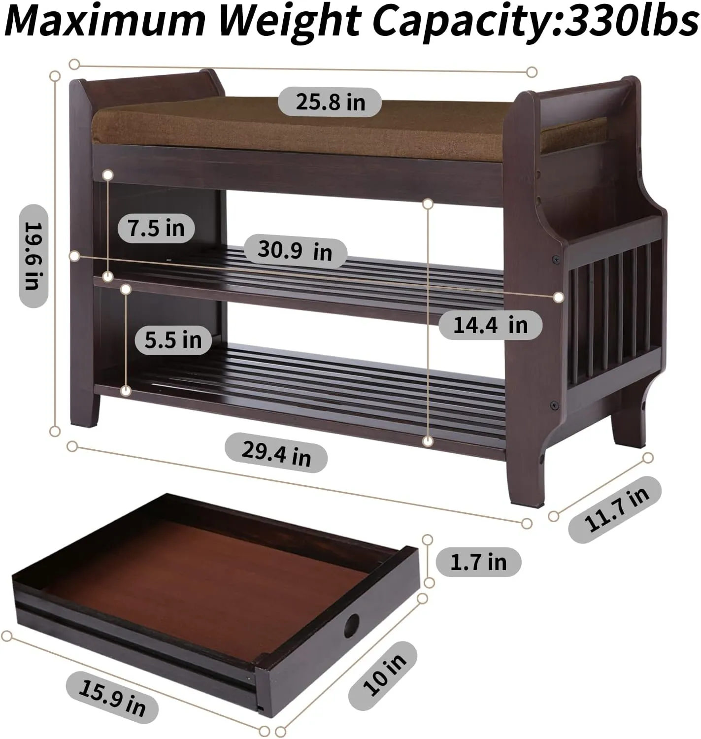 Bamboo Shoe Bench Entryway with Storage, Removable Cushion, 2-Tier Shoe Rack, 30.9" x 11.6" x 19.5"