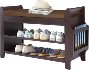 Bamboo Shoe Bench Entryway with Storage, Removable Cushion, 2-Tier Shoe Rack, 30.9" x 11.6" x 19.5"