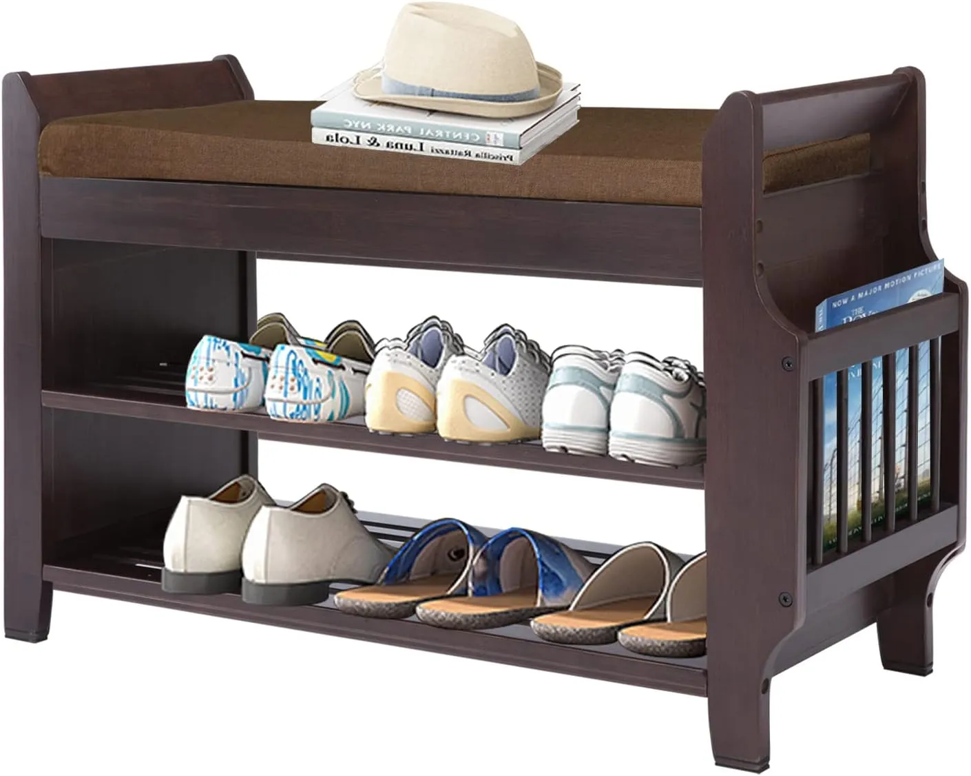 Bamboo Shoe Bench Entryway with Storage, Removable Cushion, 2-Tier Shoe Rack, 30.9" x 11.6" x 19.5"