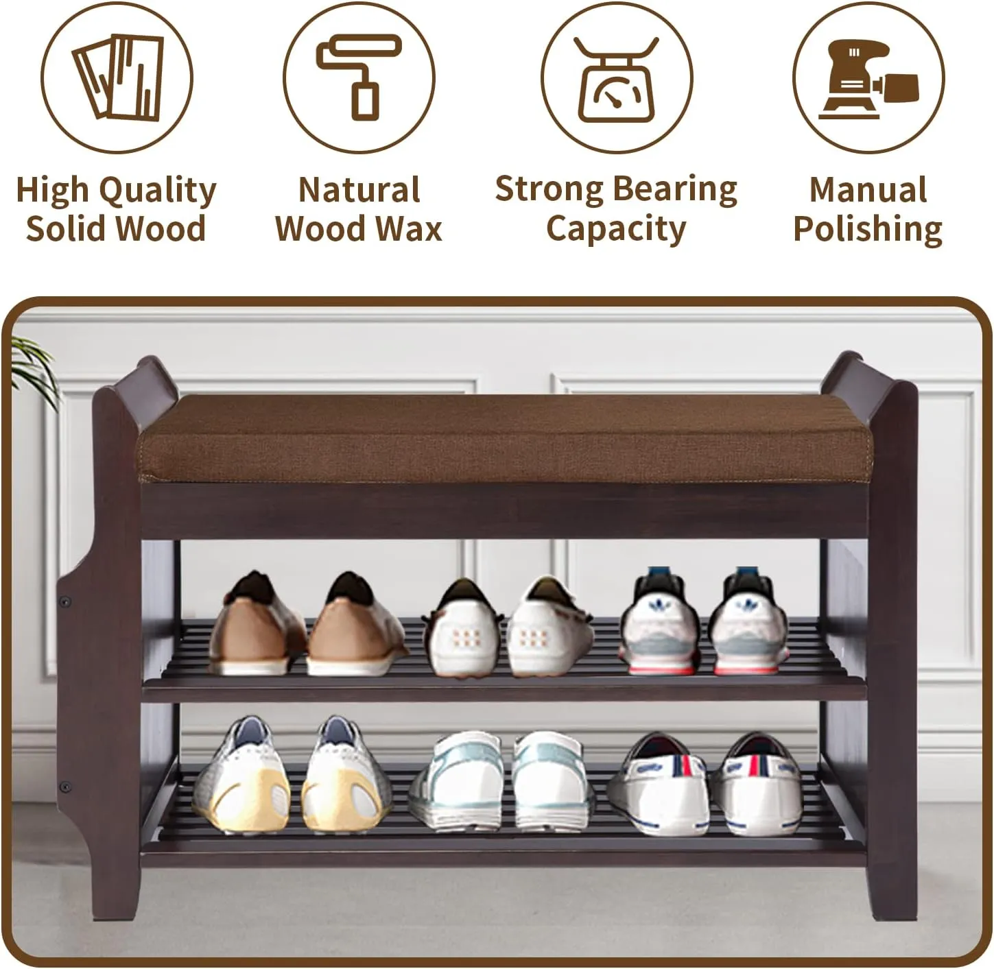 Bamboo Shoe Bench Entryway with Storage, Removable Cushion, 2-Tier Shoe Rack, 30.9" x 11.6" x 19.5"