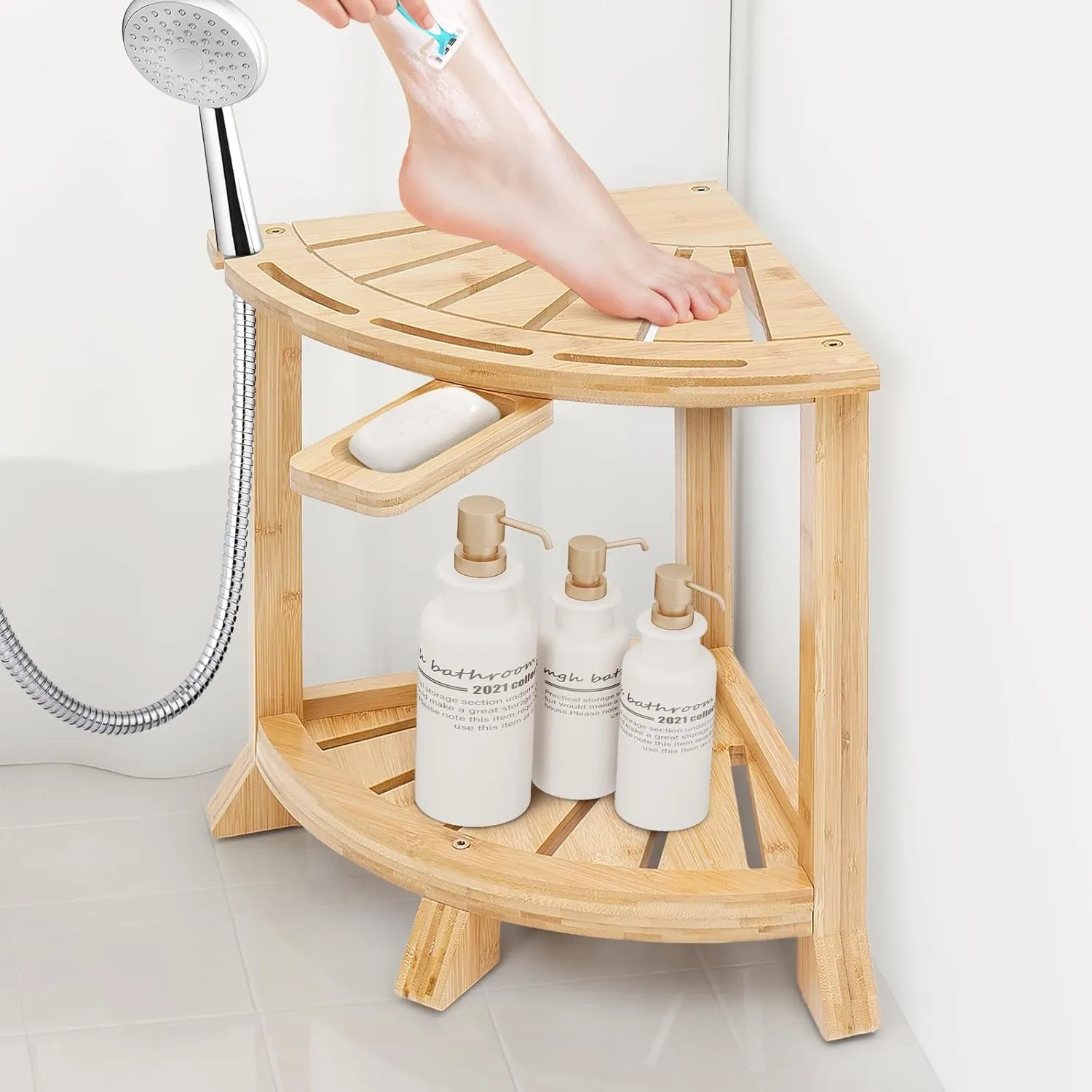 Bamboo Shower Bench with Storage Shelf, 2-in-1 Corner Stool & Foot Rest, Non-Slip Waterproof Bathroom Seat for Elderly, Shaving, 18 Inch