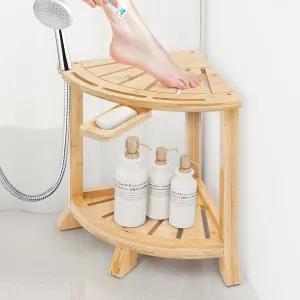 Bamboo Shower Bench with Storage Shelf, 2-in-1 Corner Stool & Foot Rest, Non-Slip Waterproof Bathroom Seat for Elderly, Shaving, 18 Inch