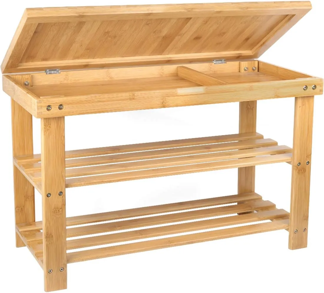 BAMBUROBA Shoe Rack Storage Bench Bamboo Organizer Entryway Organizing Shelf with Storage Drawer on Top, Natural