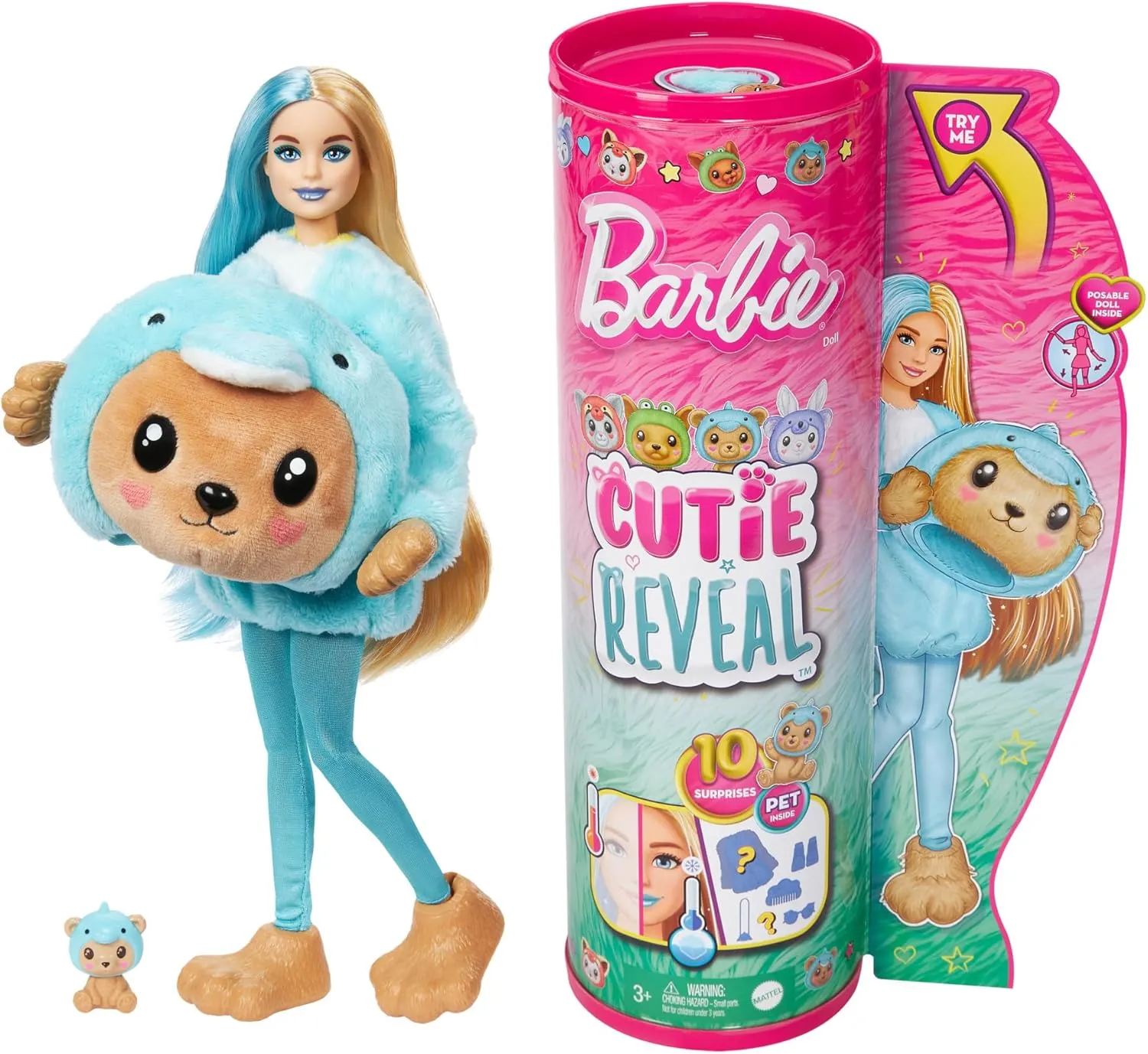 Barbie Cutie Reveal Doll & Accessories with Animal Costume & 10 Surprises Including Color Change, Teddy Bear as Dolphin in Costume-Themed Series