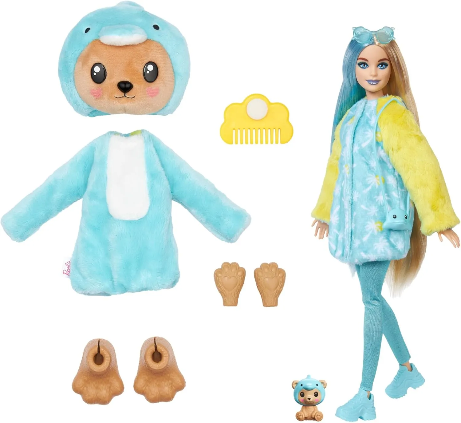 Barbie Cutie Reveal Doll & Accessories with Animal Costume & 10 Surprises Including Color Change, Teddy Bear as Dolphin in Costume-Themed Series