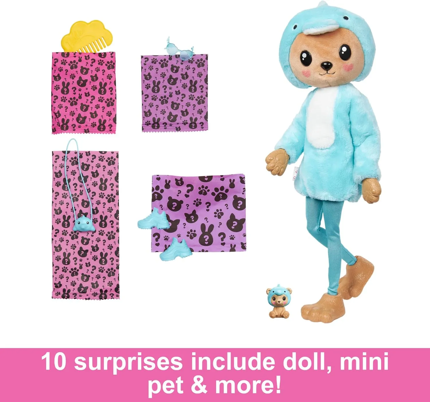 Barbie Cutie Reveal Doll & Accessories with Animal Costume & 10 Surprises Including Color Change, Teddy Bear as Dolphin in Costume-Themed Series