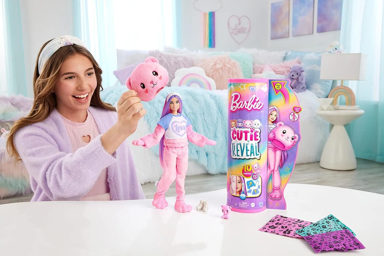 Barbie Cutie Reveal Doll with Pink Hair & Teddy Bear Costume, 10 Suprises Include Accessories & Pet (Styles May Vary)