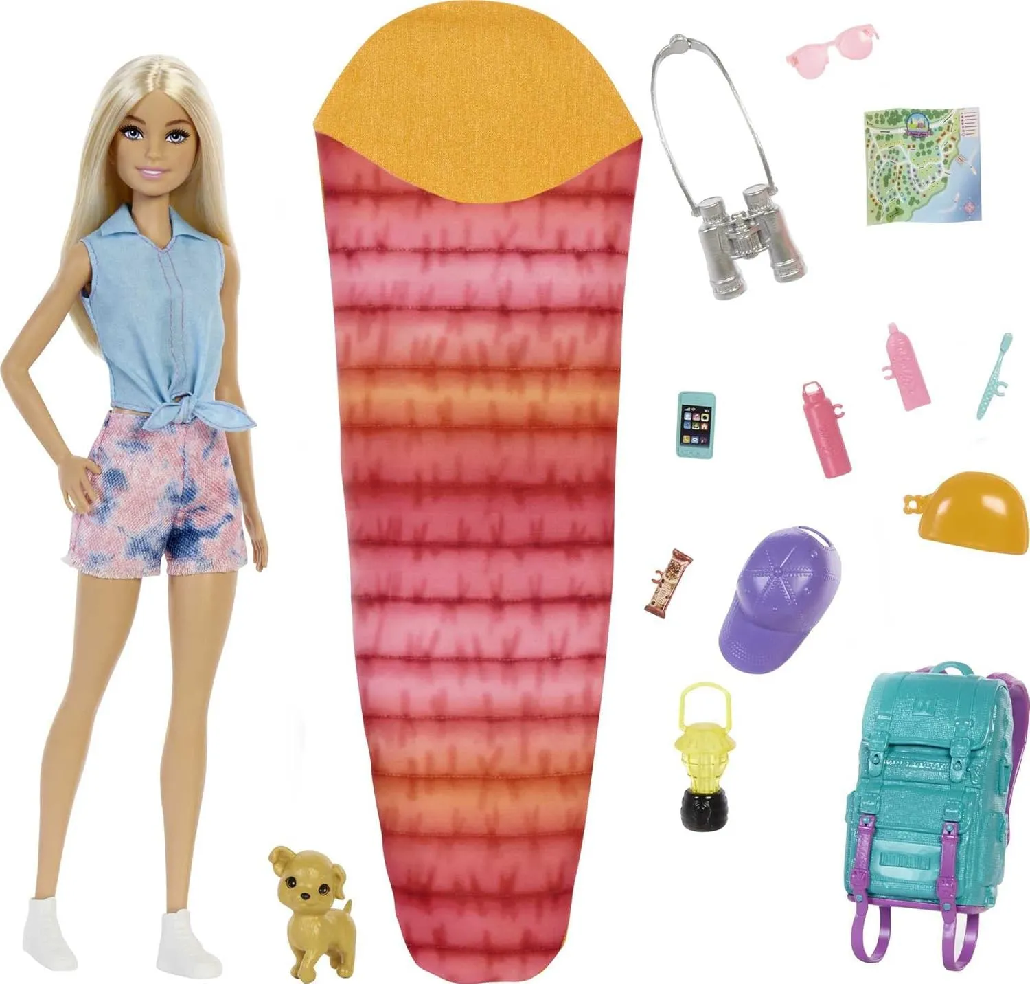 Barbie Doll & Accessories, It Takes Two Malibu Camping Playset with Doll, Pet Puppy & 10  Accessories Including Sleeping Bag
