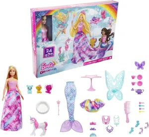 Barbie Dreamtopia Advent Calendar, Fantasy-Themed with 24 Surprises, Daily Toys Include Barbie Fashion Doll, Pets, Clothes & Accessories Like Mermaid Tail & Wings